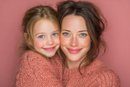 Woman and girl with blue eyes, wearing matching pink sweaters, share a warm embrace against a soft pink backdrop, capturing a loving and joyful atmosphereの素材