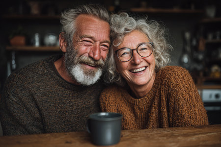 Elderly couple with gray hair, sharing a joyful moment at a wooden table, holding a warm drink, radiating love and happiness in a cozy environmentの素材