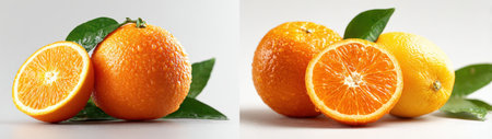 Vibrant oranges and lemons are beautifully arranged with green leaves on a light background, highlighting their fresh textures and colors for food photographyの素材