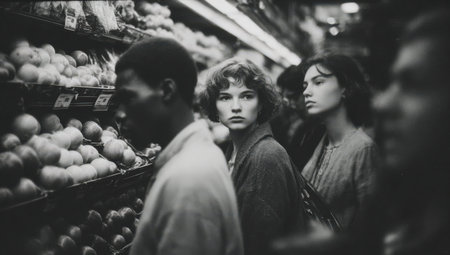 Diverse group of individuals in grocery store, focused on fresh produce displayed on shelves, creating an atmosphere of curiosity and engagement in a vibrant settingの素材