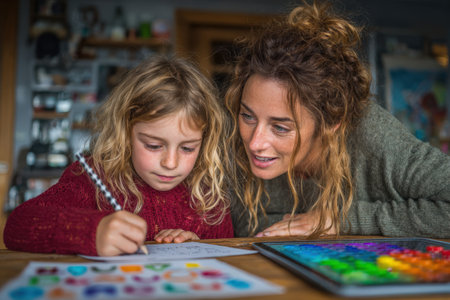 Child artist, focused on drawing with colored pencils, while mother encourages creativity, surrounded by colorful art supplies and a warm, inviting atmosphereの素材