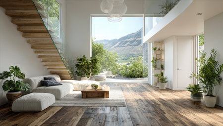 Spacious living room with large windows offering stunning mountain views, adorned with wooden flooring, comfortable furniture, and vibrant indoor plants enhancing the tranquil ambianceの素材