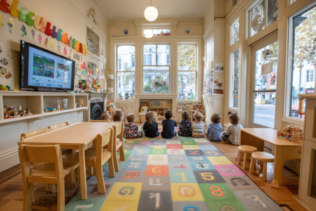 Children are seated on a colorful rug in a well-lit classroom, focused on learning, surrounded by educational materials and playful decor enhancing the atmosphereの素材