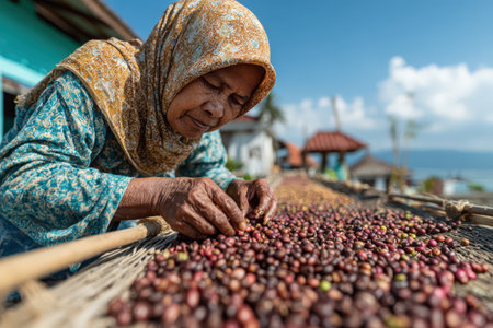 Senior woman in traditional clothing is meticulously sorting coffee beans on a bamboo mat outdoors, with vibrant nature and mountains in the background, highlighting cultural craftsmanshipの素材