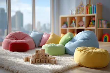 Cozy playroom features colorful bean bags and wooden blocks on a soft rug, inviting children to engage in creative play and exploration in a bright environmentの素材