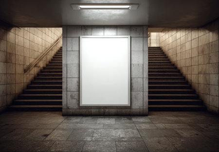 Subway station interior showcases two staircases ascending, with a large blank poster frame on the wall, providing ample copy space for advertisements or announcementsの素材