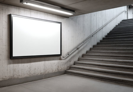 Mock up billboard positioned in a contemporary underground stairway, showcasing a blank white screen against a textured concrete wall, perfect for creative advertisingの素材