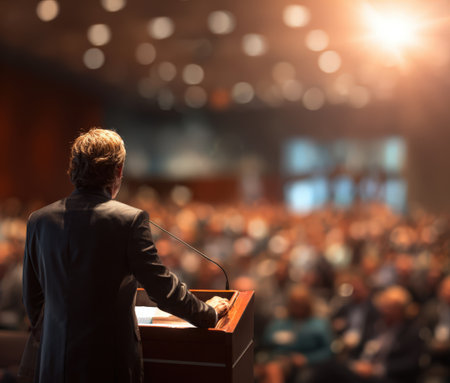 Male presenter at podium engages with audience in a conference setting, warm lighting enhances the atmosphere, creating an inspiring environment for communicationの素材