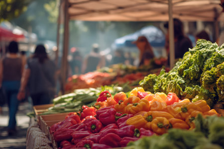 Vibrant display of fresh vegetables like bell peppers and greens at outdoor market, with shoppers in the background, highlighting local produce and community atmosphereの素材