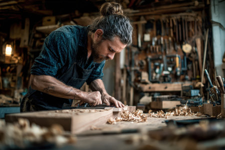 Male carpenter is shaping wood with a chisel in a rustic workshop, surrounded by tools and wood shavings, highlighting the art of woodworking and craftsmanshipの素材