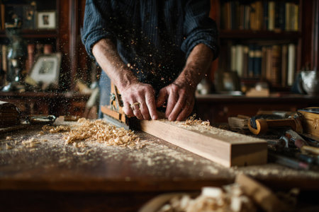 Middle-aged man is planing a wooden board in a well-equipped workshop, surrounded by tools and wood shavings, demonstrating craftsmanship and dedicationの素材