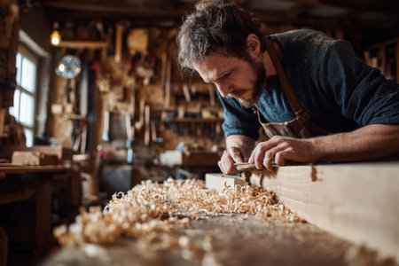 Male carpenter is shaping wooden plank with tools in a rustic workshop, surrounded by wood shavings and handcrafted items, showcasing craftsmanship and dedicationの素材