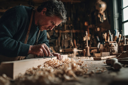 Male carpenter is expertly shaping wood with a chisel in a rustic workshop, surrounded by tools and wood shavings, highlighting craftsmanship and attention to detailの素材