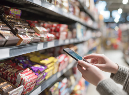 Woman is using smartphone in grocery store aisle, surrounded by shelves filled with various snacks and colorful packaging, highlighting contemporary shopping habitsの素材