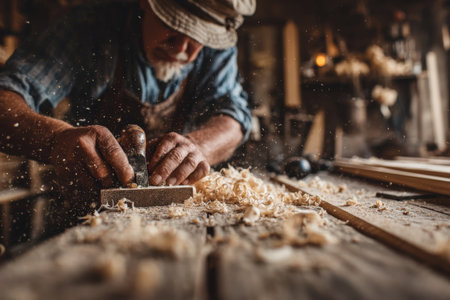 Elderly male woodworker is using a hand plane on a wooden surface in a rustic workshop, with wood shavings and tools creating an authentic atmosphereの素材