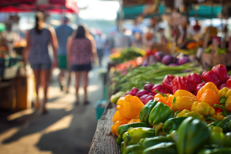Fresh vegetables in various colors are arranged at an outdoor market, with shoppers blurred in the background, capturing the essence of community and local food cultureの素材