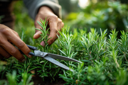 Gardener is trimming rosemary plants with scissors in a vibrant garden, highlighting the beauty of herb cultivation and the nurturing process of plant careの素材