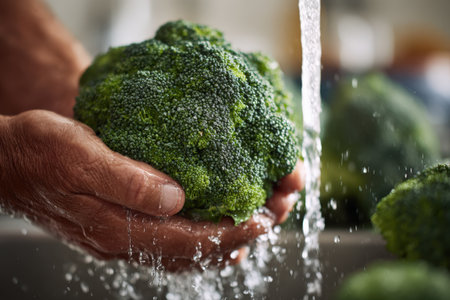 Broccoli is being washed under running water in a kitchen sink, highlighting its fresh appearance and vibrant color, promoting healthy cooking habits and food hygieneの素材