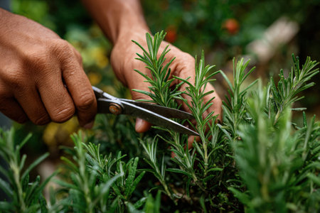 Gardener is trimming rosemary with scissors, surrounded by vibrant green foliage, highlighting the beauty of plant care and the joy of gardening in a natural environmentの素材