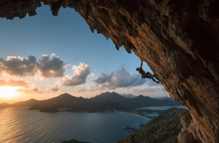 Climber ascends a rugged cliff face during sunset, surrounded by beautiful ocean scenery and majestic mountains, showcasing the thrill of outdoor adventureの素材