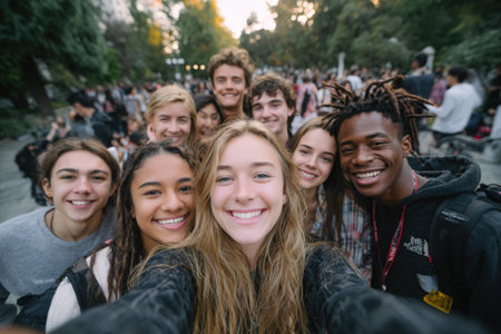 Diverse group of young adults enjoying time together outdoors, smiling and posing for a selfie, showcasing friendship and a lively social environmentの素材
