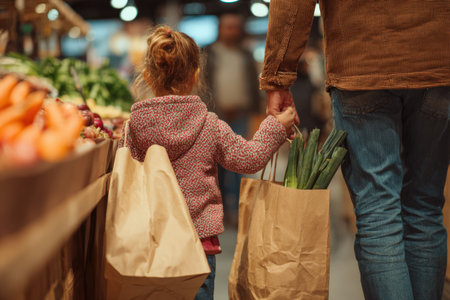 Child and adult male stroll through lively market, both carrying paper bags filled with fresh produce, showcasing family bonding and healthy lifestyle choicesの素材