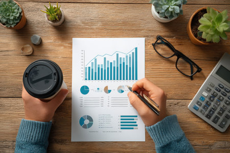 Person reviewing financial charts and graphs on paper, with coffee cup in hand, calculator nearby, and plants adding a touch of nature to the organized workspaceの素材