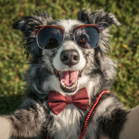 Happy dog with sunglasses and bow tie, posing in a sunny outdoor setting, surrounded by lush green grass, radiating joy and playfulnessの素材