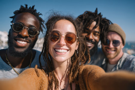 Diverse group of friends enjoying a sunny day outdoors, smiling and taking a selfie, surrounded by a vibrant atmosphere and clear blue skyの素材