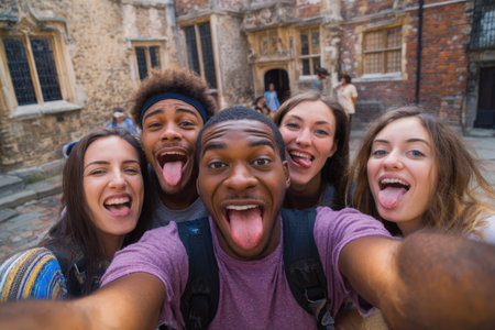 Diverse group of young adults enjoying a playful moment outdoors, taking a selfie with joyful expressions, surrounded by historic architecture and a lively atmosphereの素材