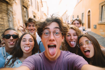 Young friends are posing for a selfie outdoors, showcasing their playful expressions and laughter in a lively urban environment filled with charm and excitementの素材