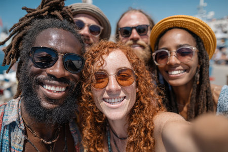 Diverse group of friends is smiling together in summer outfits, enjoying a sunny day outdoors, capturing joyful moments with a marina in the backgroundの素材
