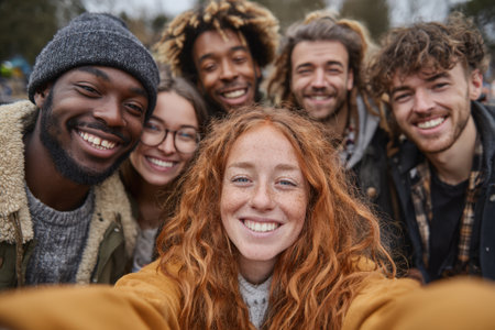 Diverse group of friends enjoying a moment outdoors, smiling for a selfie, surrounded by nature, capturing the essence of friendship and happinessの素材