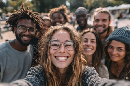 Diverse group of friends enjoying time outdoors, smiling and posing for a selfie, surrounded by greenery and a lively atmosphere, showcasing friendship and joyの素材