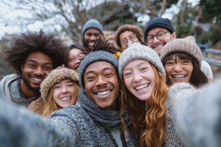 Group of friends with diverse backgrounds smiling together outdoors, dressed in cozy winter attire, sharing a joyful moment in a natural environmentの素材