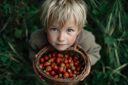 Child with light hair is holding a basket of fresh strawberries, surrounded by vibrant green foliage, capturing the essence of outdoor harvest and childhood joyの素材