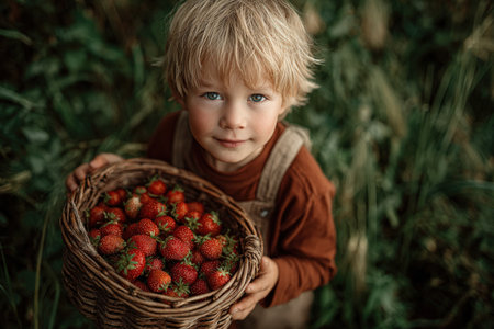 Child with blonde hair is holding a woven basket filled with ripe strawberries, surrounded by vibrant green foliage, capturing the essence of outdoor harvest activitiesの素材
