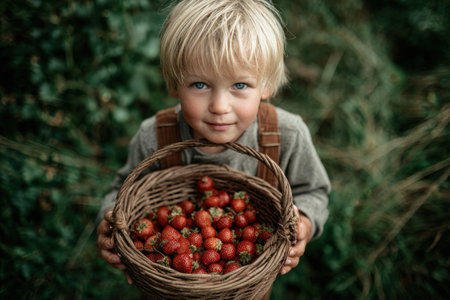 Child with blonde hair is holding a basket of ripe strawberries, surrounded by vibrant green foliage, capturing the essence of outdoor fruit picking and childhood joyの素材