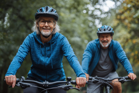 Elderly man and woman cycling in a vibrant park, both wearing helmets and casual attire, showcasing joy and companionship in an active outdoor settingの素材