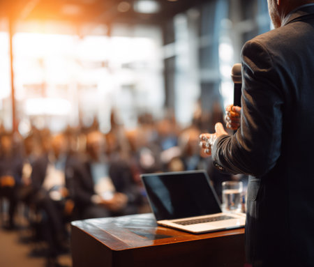 Business speaker presents engaging content to attentive audience, with laptop and water glass on podium, fostering an interactive environment for knowledge sharingの素材