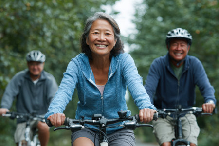 Female cyclist smiles while riding with two older men in the background, enjoying a sunny day outdoors, promoting fitness, joy, and friendship in natureの素材