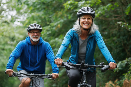 Happy senior couple is cycling on a beautiful forest path, surrounded by greenery, enjoying the outdoors and each other's company, embodying a healthy lifestyleの素材