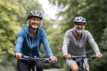 Happy older couple cycling together in a green park, showcasing joy and health, with trees surrounding them, emphasizing the benefits of outdoor activitiesの素材