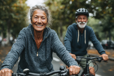 Happy senior woman rides bicycle next to older man in casual clothing, surrounded by trees and greenery, showcasing joy of outdoor exercise and friendshipの素材