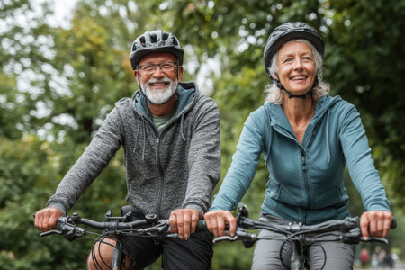 Happy elderly couple cycling on a beautiful path, wearing helmets and enjoying nature, promoting health, fitness, and companionship in an outdoor settingの素材
