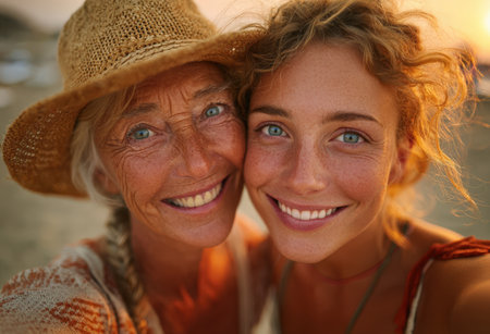 Two women, one with gray hair and a straw hat, the other with curly hair, share a joyful moment at sunset, showcasing warmth and connection in a beautiful settingの素材