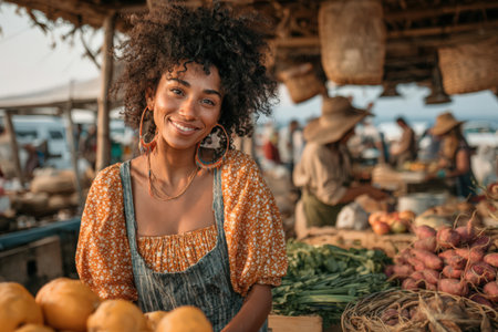 Smiling female vendor at a bustling market stall surrounded by fresh produce, showcasing a colorful array of fruits and vegetables, capturing community spiritの素材