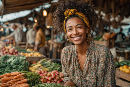 Smiling female vendor stands at a bustling market, surrounded by colorful produce and lively shoppers, capturing the essence of community and fresh food cultureの素材
