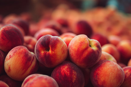 Ripe peaches are piled together, displaying their smooth skin and rich colors, ideal for fresh consumption, desserts, and enhancing culinary experiencesの素材