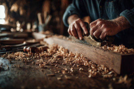 African American craftsman is using a hand plane on a wooden board in a workshop, with tools and wood shavings scattered around, highlighting skilled craftsmanshipの素材
